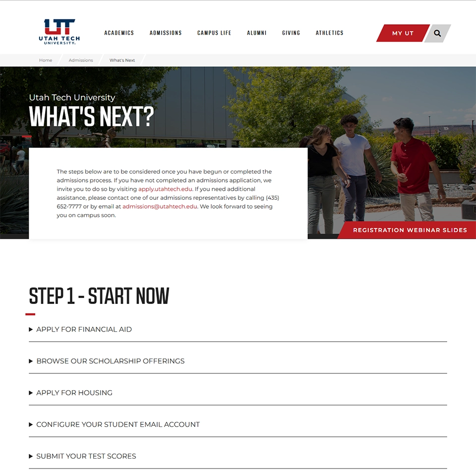 Original What's Next page — accordion steps with minimal visual hierarchy